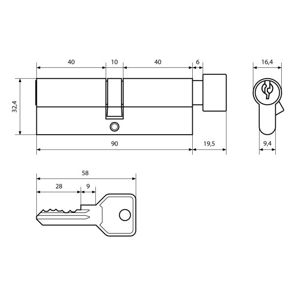 Механизм цилиндровый Z.I.90В-5K CP 40х10х40 кл/верт Стандарт